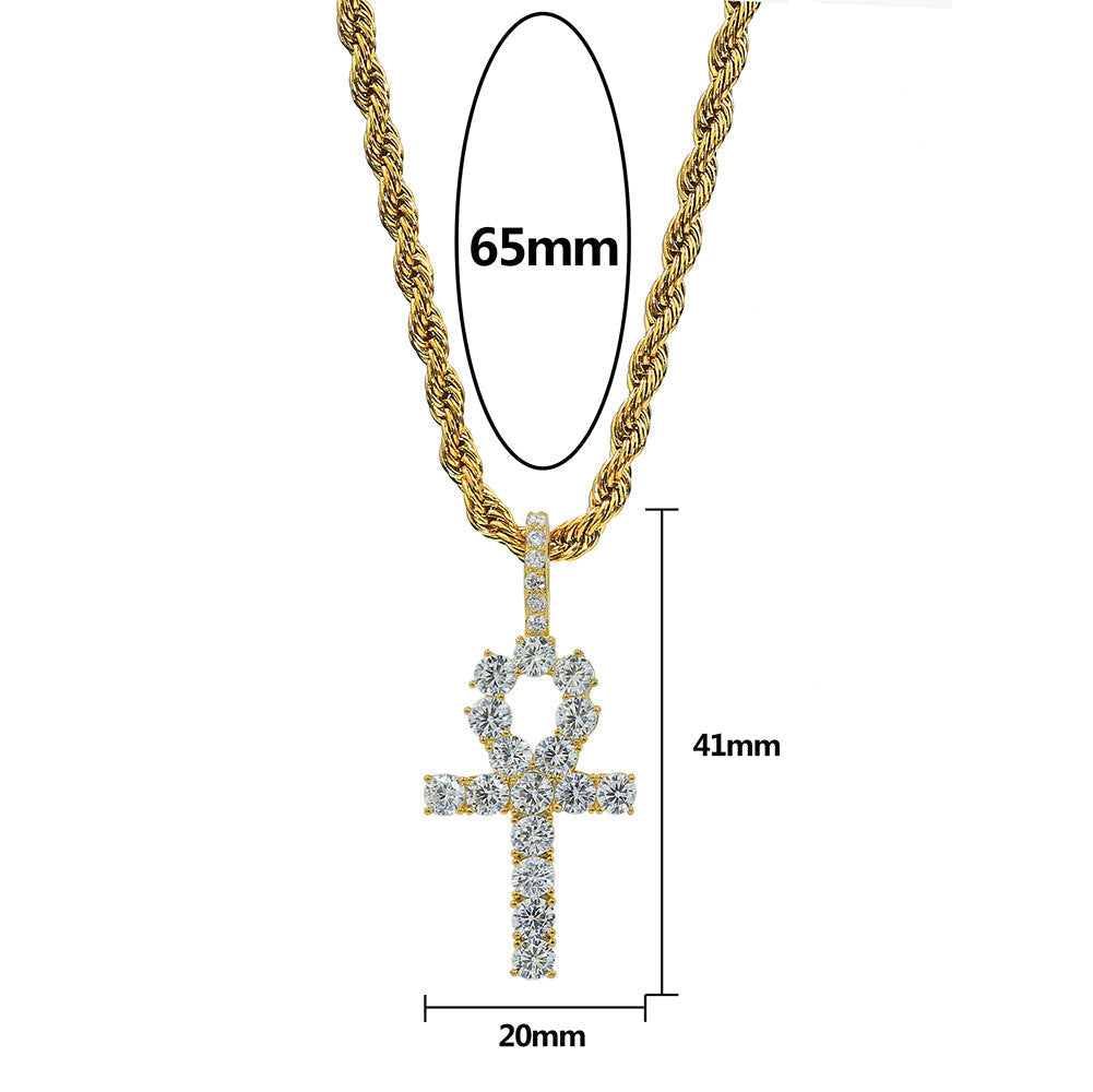 Micro Paved Zircon Hip Hop Anka Key Cross Hip Hop Pendant Necklace