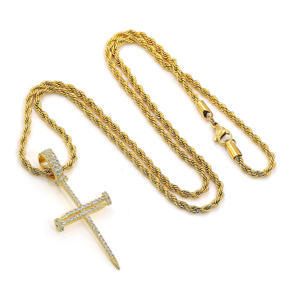 Micro Paved Zircon Hip Hop Anka Key Cross Hip Hop Pendant Necklace