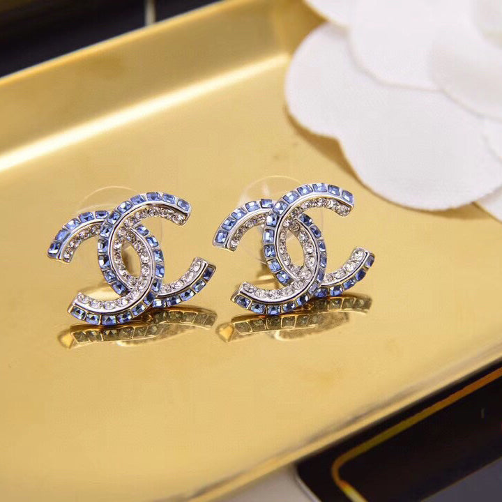 Blue Double Row Diamond Letter Earrings