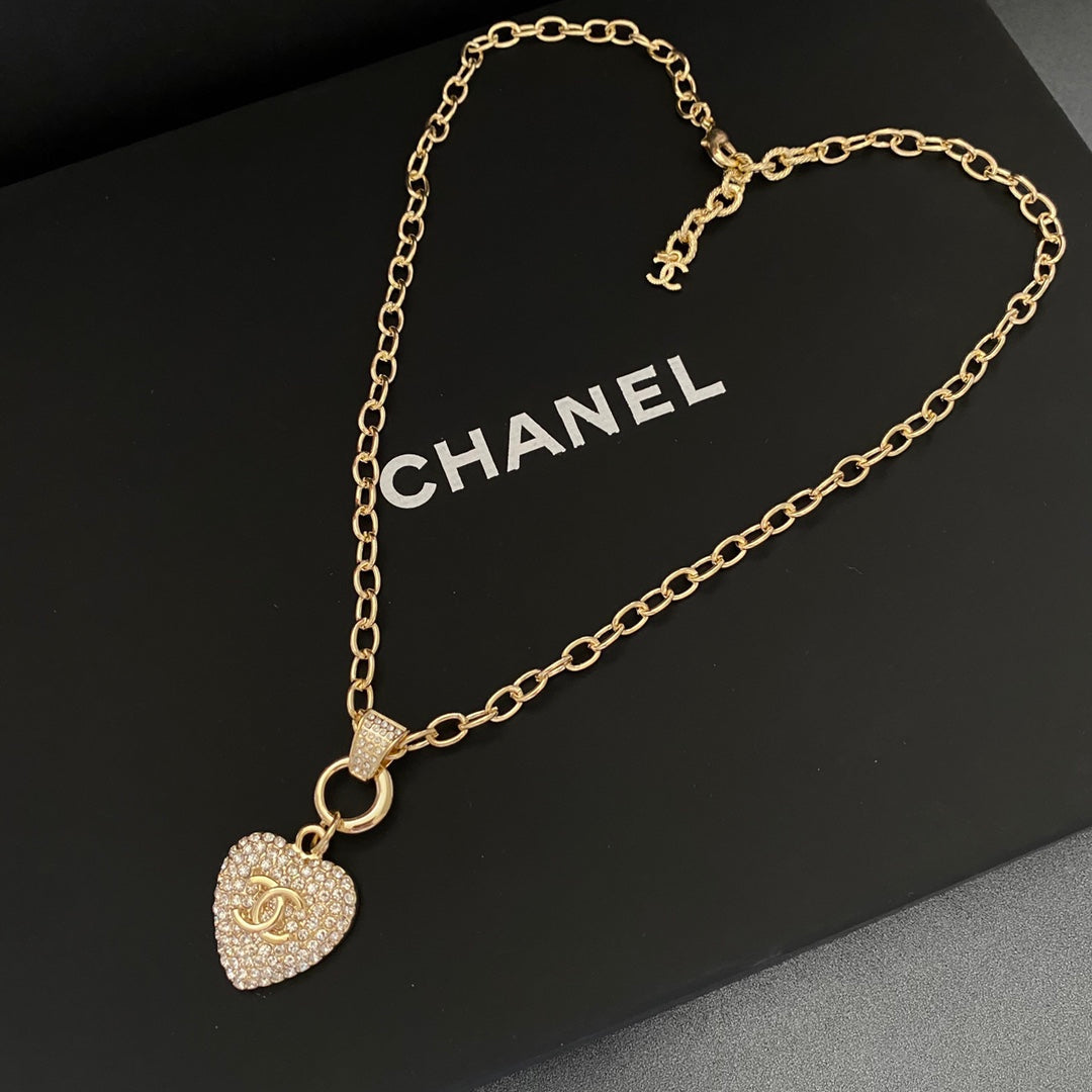 Classic Double C Heart Shape Rhinestone Cutout Necklace