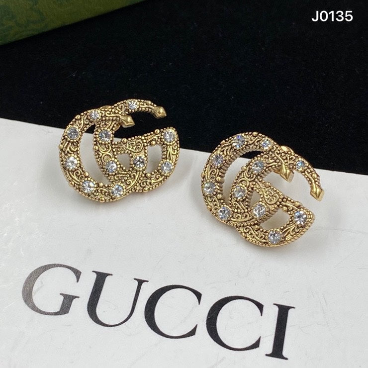 Fashion Embossed Rhinestone Double G Stud Earrings