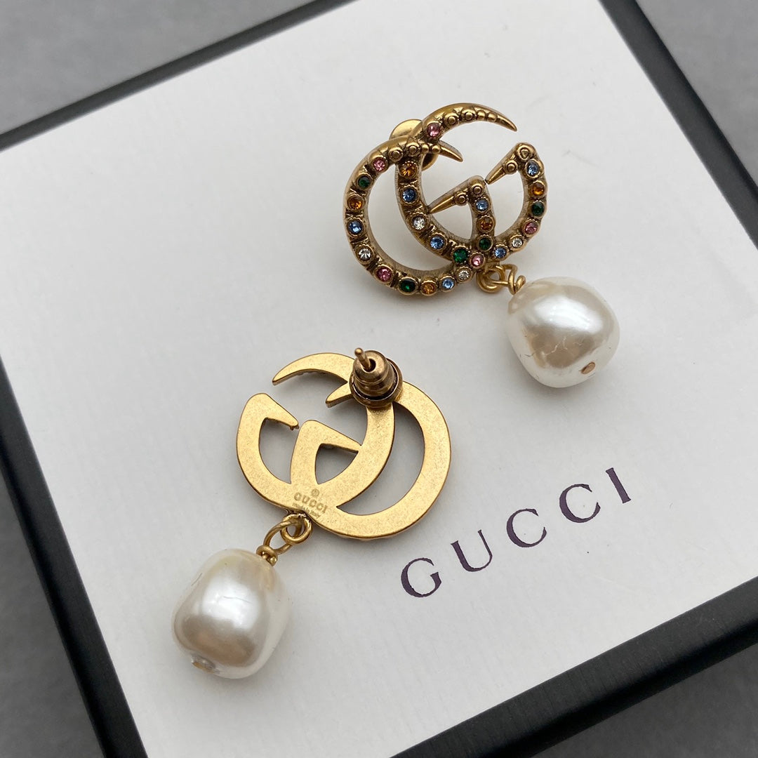 Fashion Double G Colored Diamond Pendant Pearl Earrings