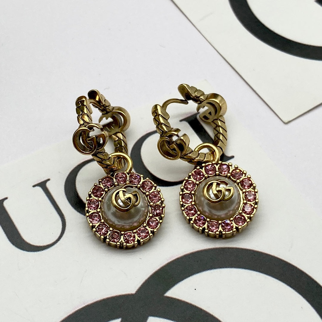 Vintage double G rhinestone round earrings