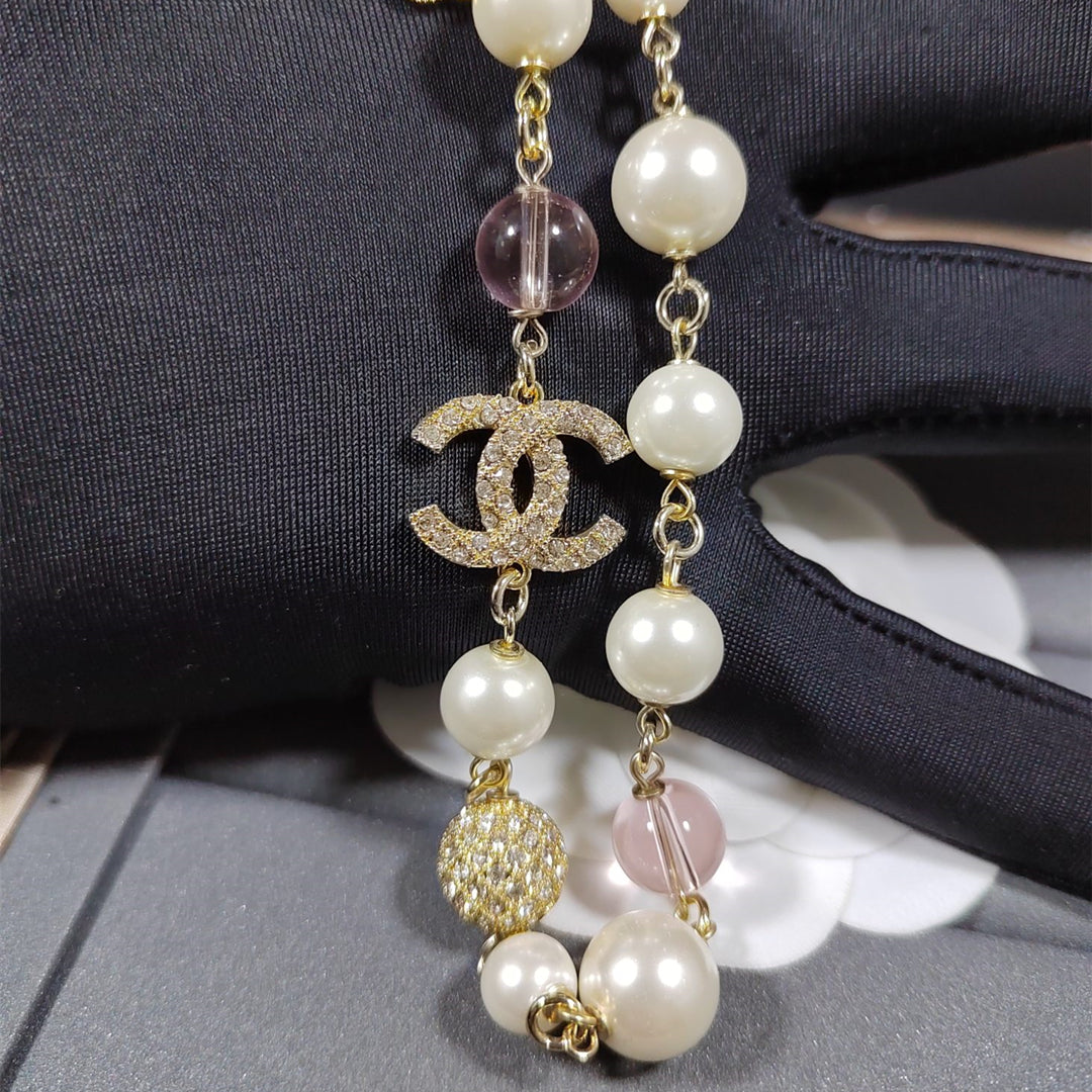 Double C Rhinestone Pearl Clavicle Necklace