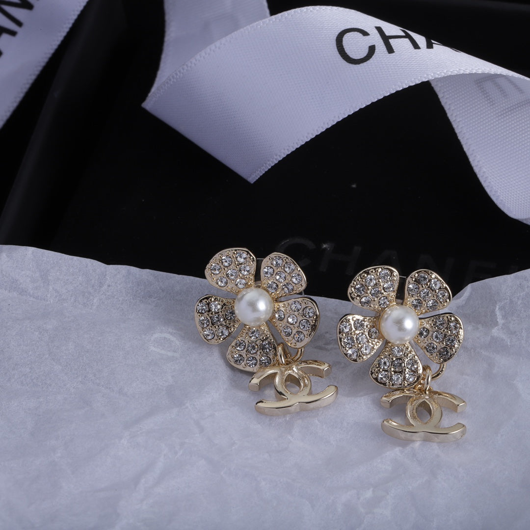 Classic Double C Flower Pearl Rhinestone Earrings