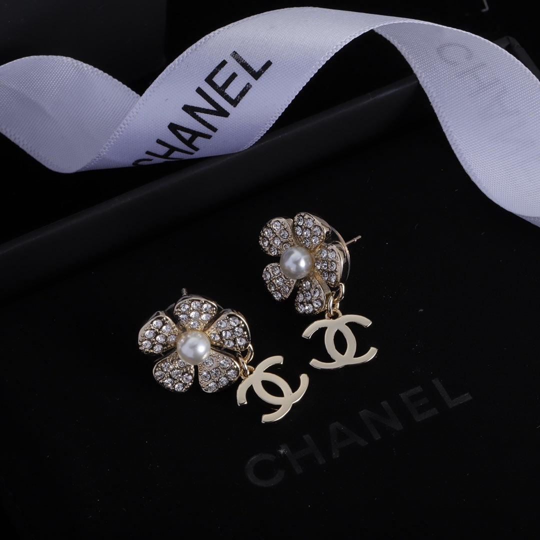 Classic Double C Flower Pearl Rhinestone Earrings