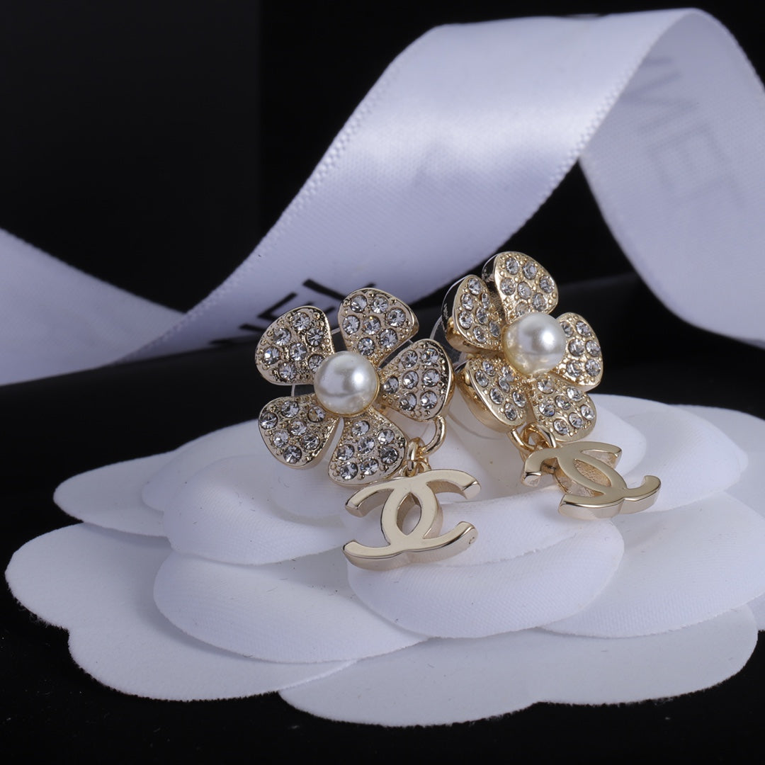 Classic Double C Flower Pearl Rhinestone Earrings