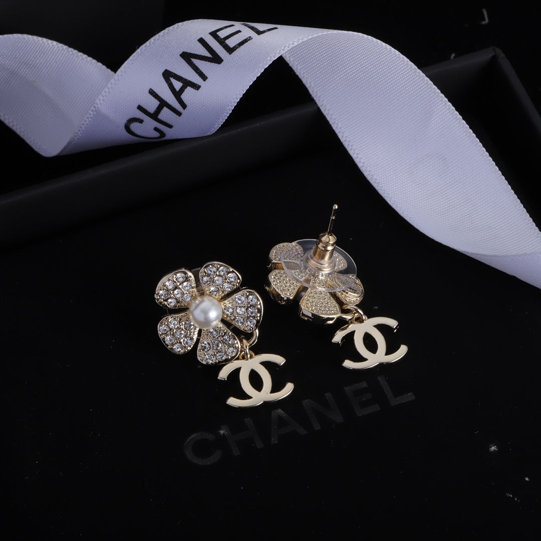 Classic Double C Flower Pearl Rhinestone Earrings