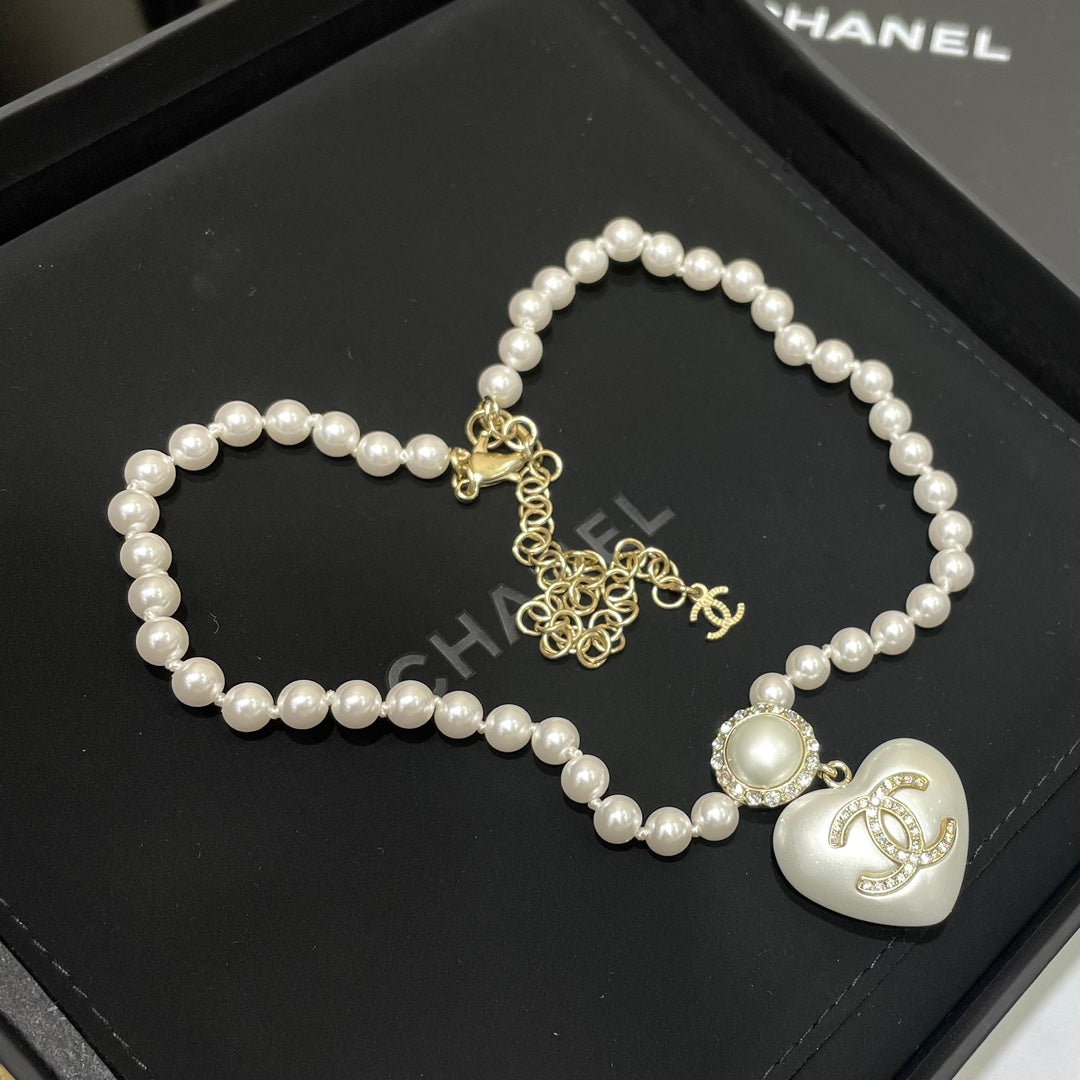 Fashion Double C Pearl Heart Necklace