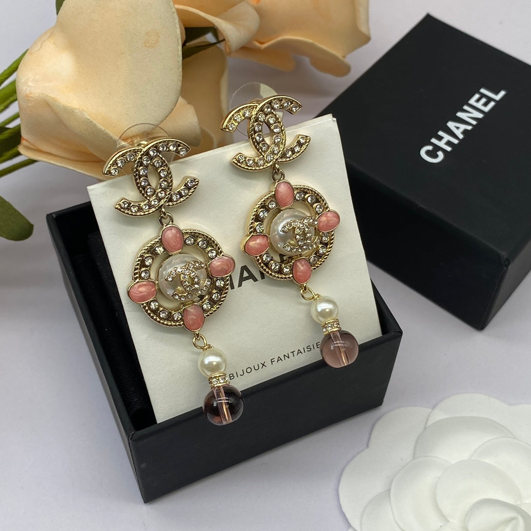 Fashion double C rhinestone pearl drop earrings