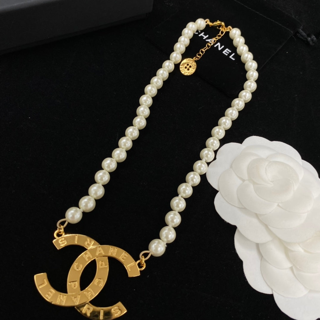 Classic CC Button Pearl Charm Necklace