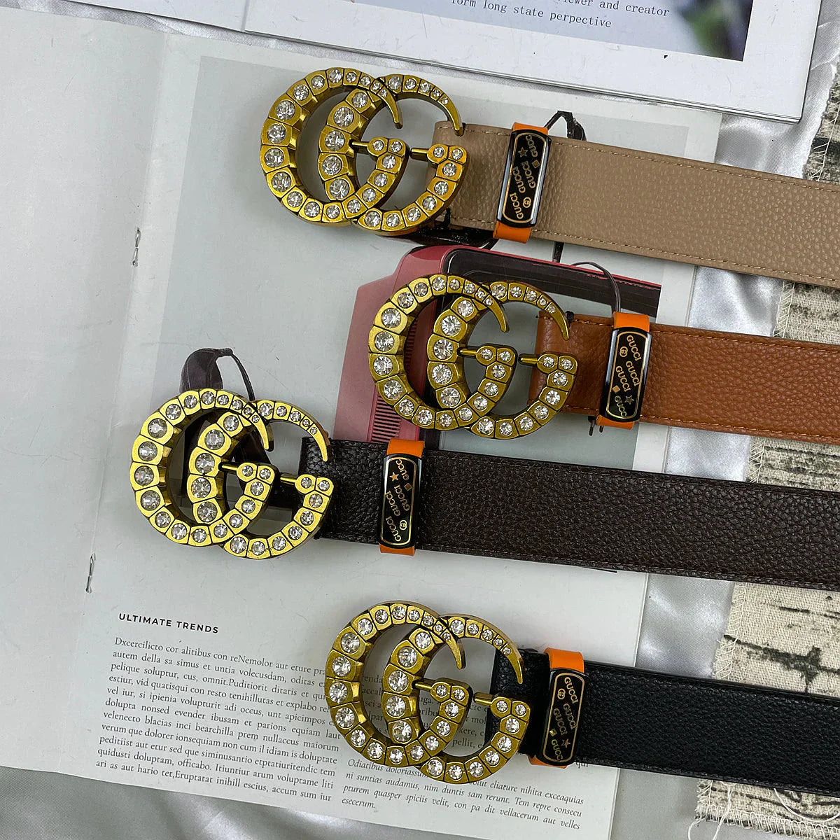 4 Colors luxury double-G rhinestone double-sided lychee pattern belt