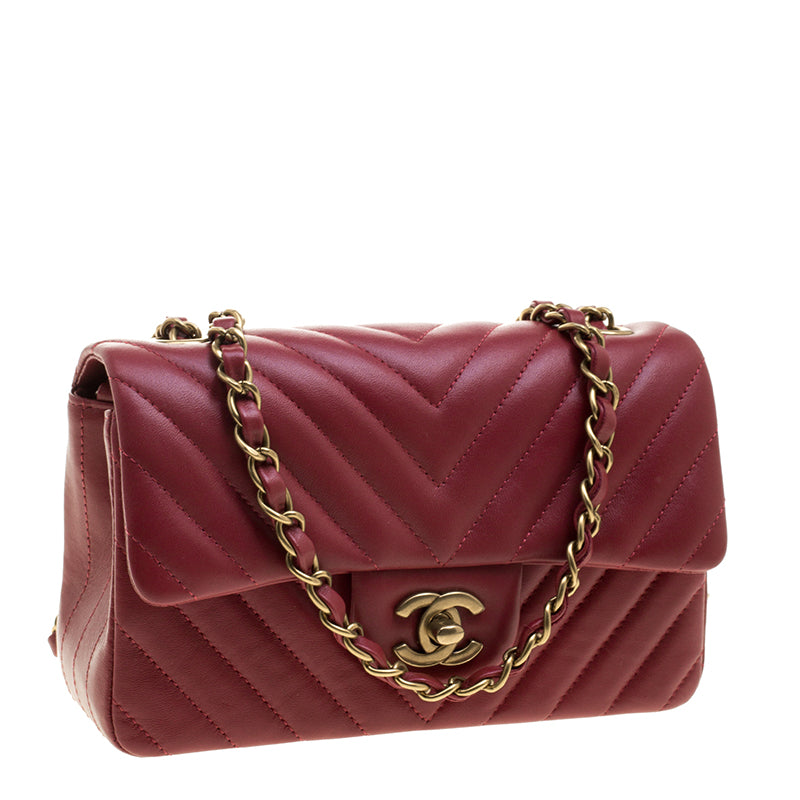 Dark Red Chevron Leather New Mini Classic Flap Bag