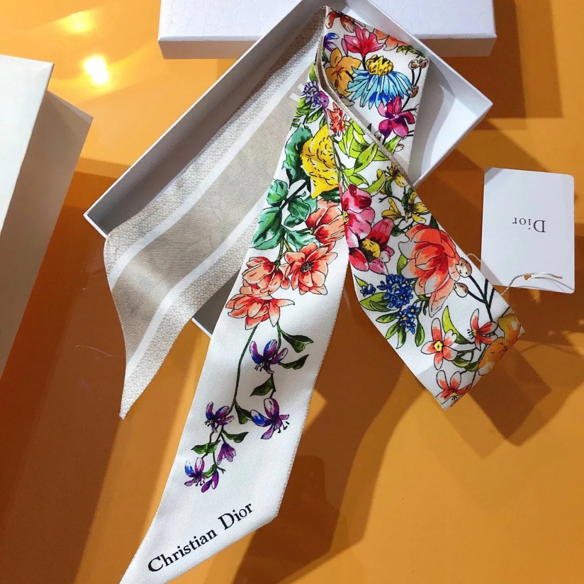 Bevel Edge Floral Double Layer Ribbon Silk Scarf