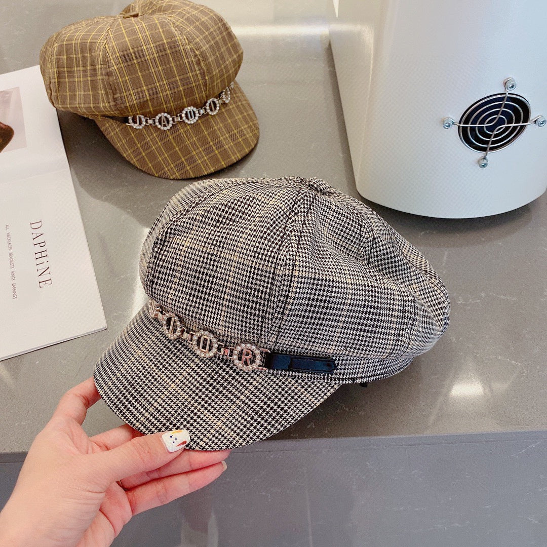 Fashion ladies plaid pattern octagonal hat