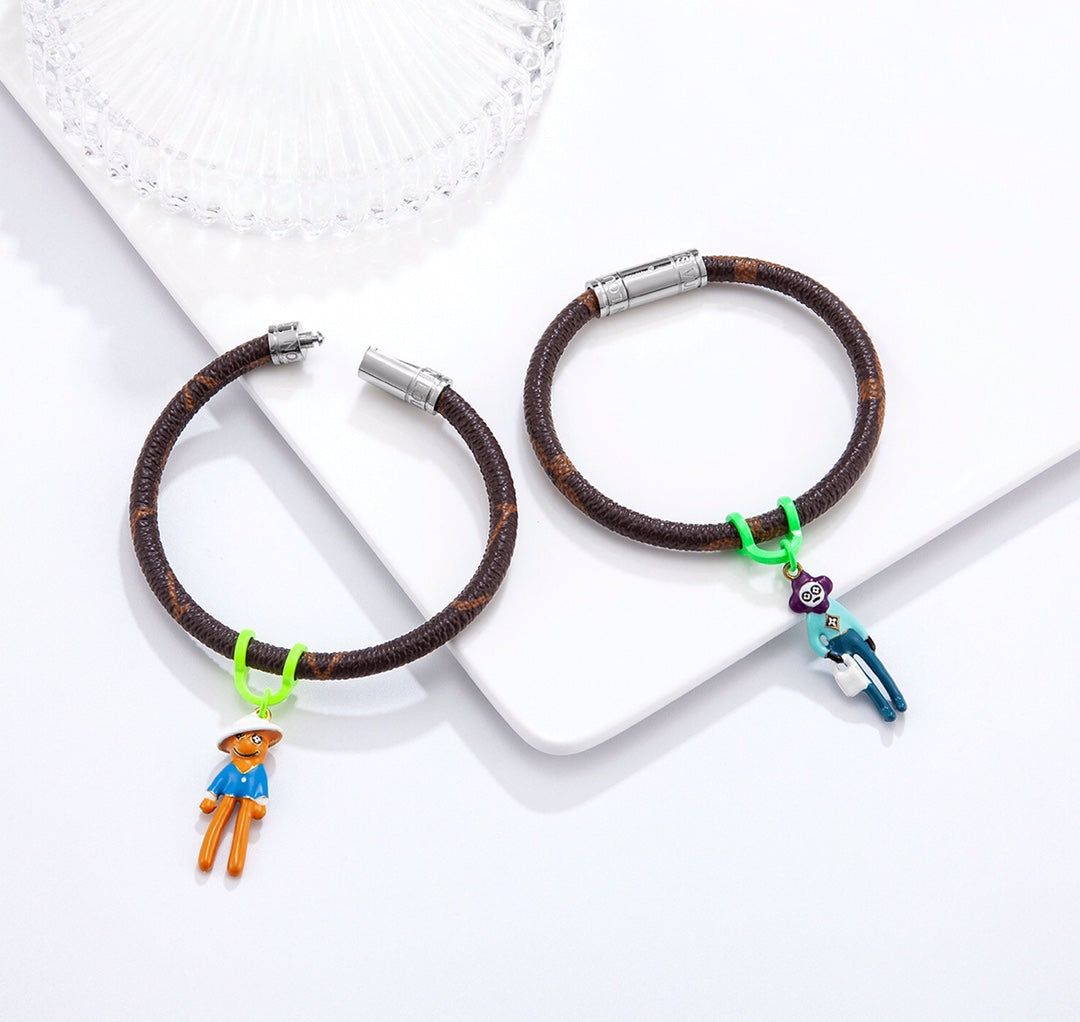 Monogram Puppet Pendant Leather Bracelet