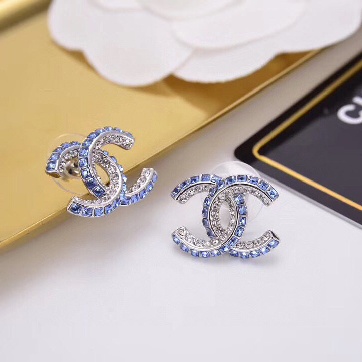 Blue Double Row Diamond Letter Earrings