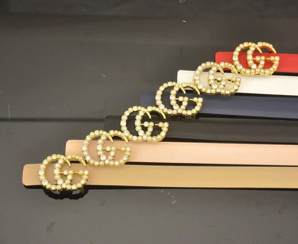 6 Colors fashion double C pearl rhinestone belt