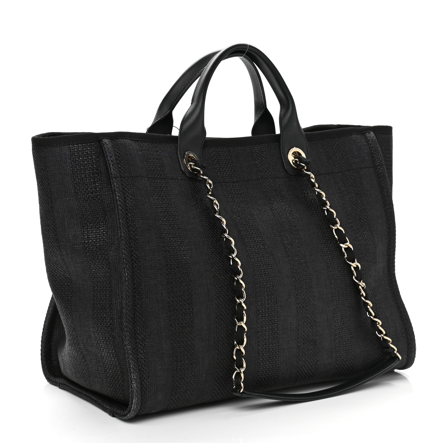 Mixed Fibers Calfskin Striped Medium Deauville Tote Black