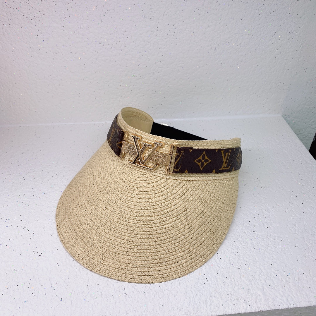 Empty Top Metal Logo Elastic Band Straw Hat