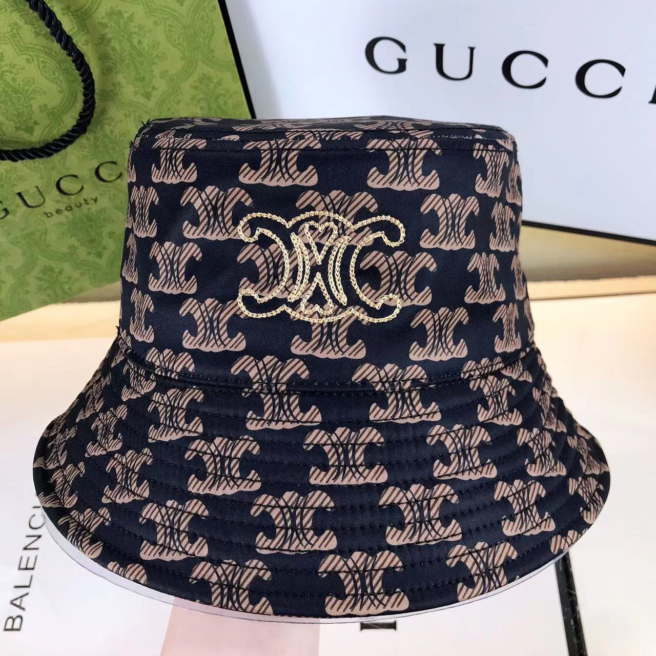 Embroidered Monogram Print Bucket Hat