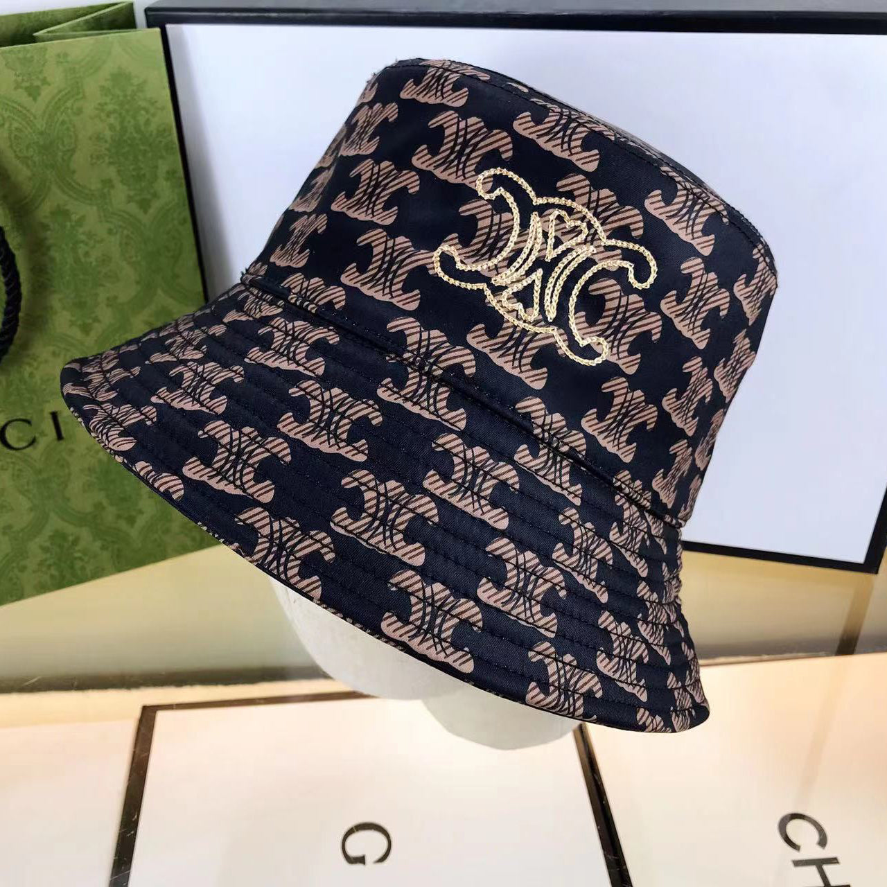 Embroidered Monogram Print Bucket Hat