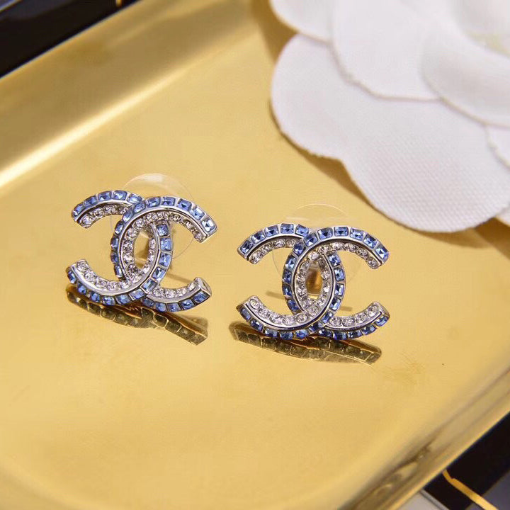 Blue Double Row Diamond Letter Earrings