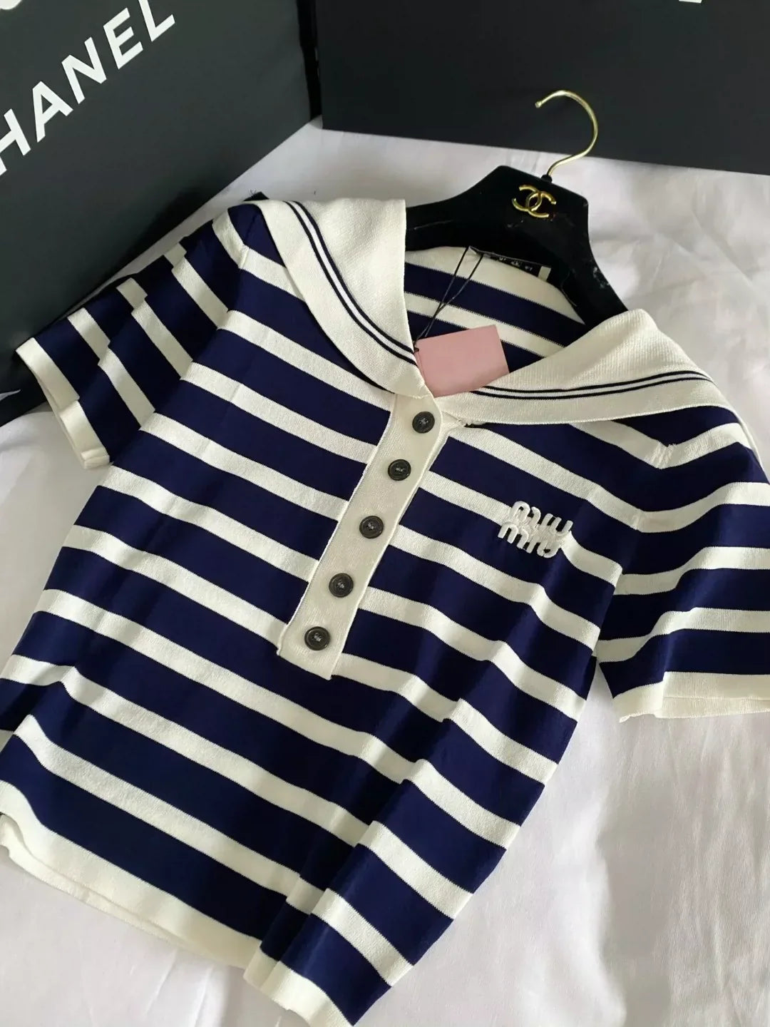 m 25 New Clashing Stripes Button Navy Neck Short Sleeve Knit Top
