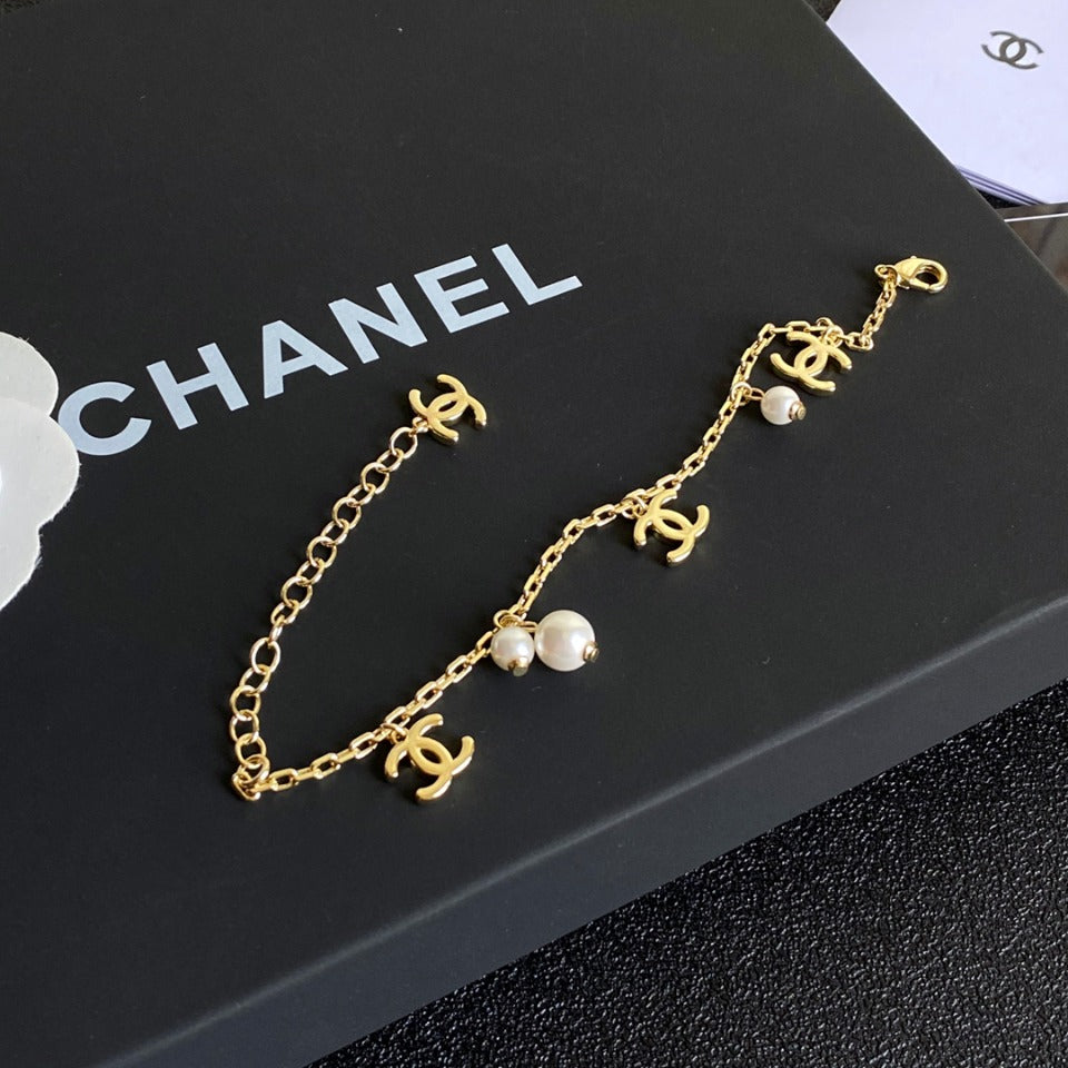 Gold Logo Pearl Charm Bracelet