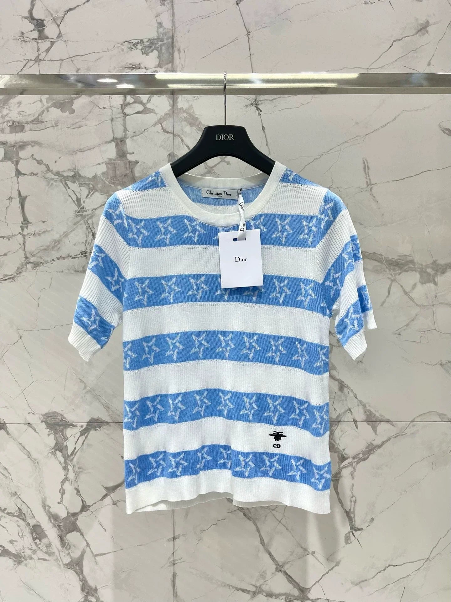 D 25 Thin Striped Embroidered Logo Crew Neck Knit Short Sleeve