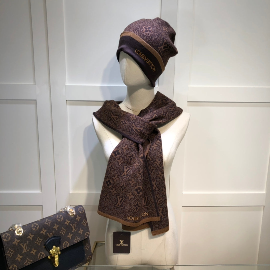 Embroidered Jacquard Monogram Scarf Hat Set