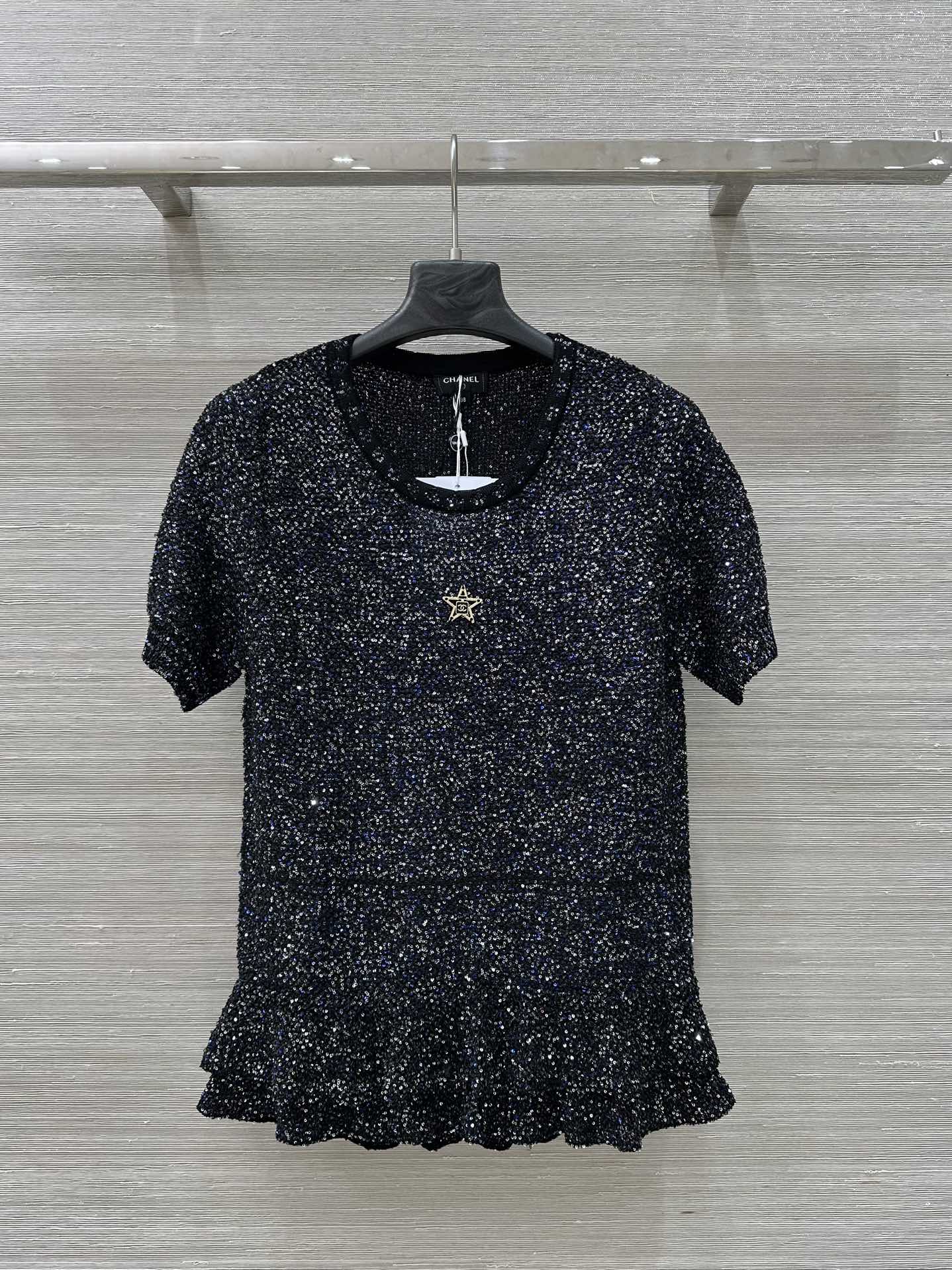 C 25 Starry Crystal Beaded Specialty Yarn Short Sleeve Top