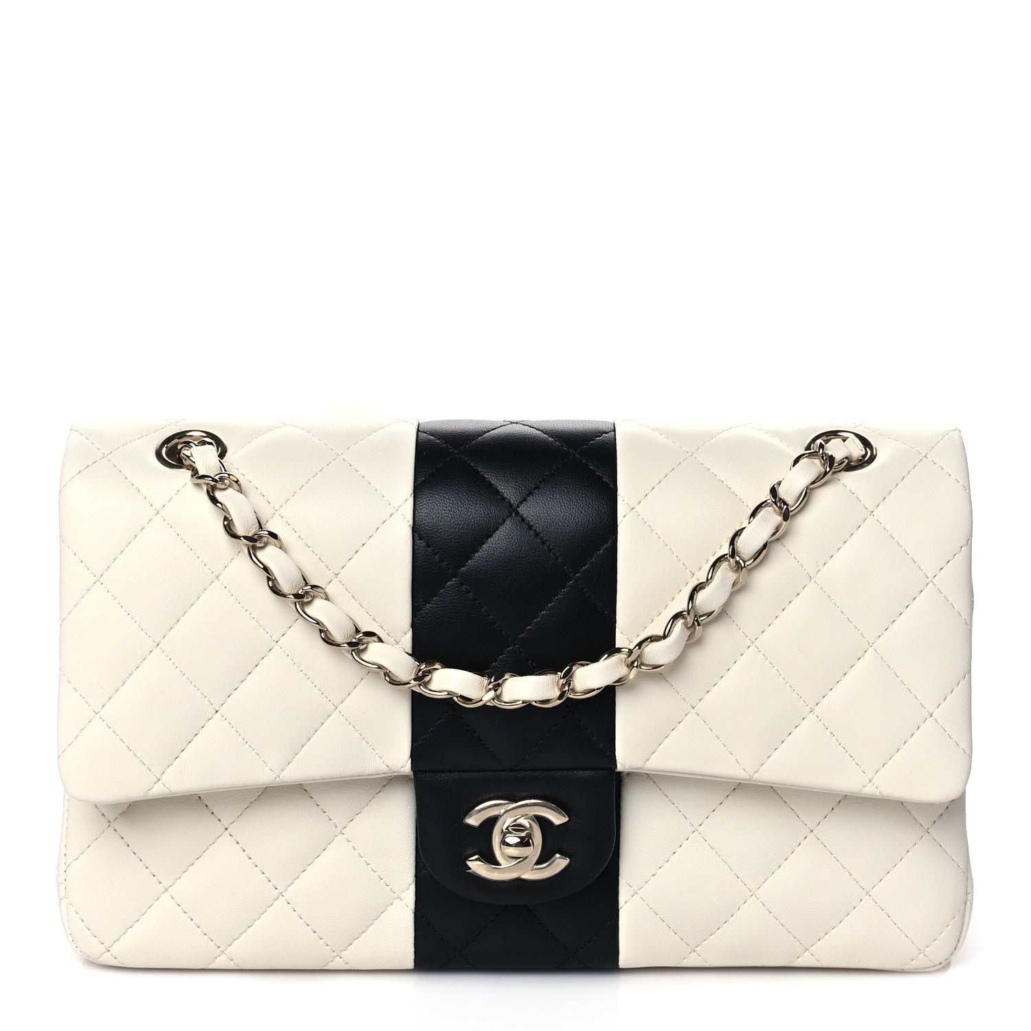 Lambskin Quilted Medium Double Flap Black White