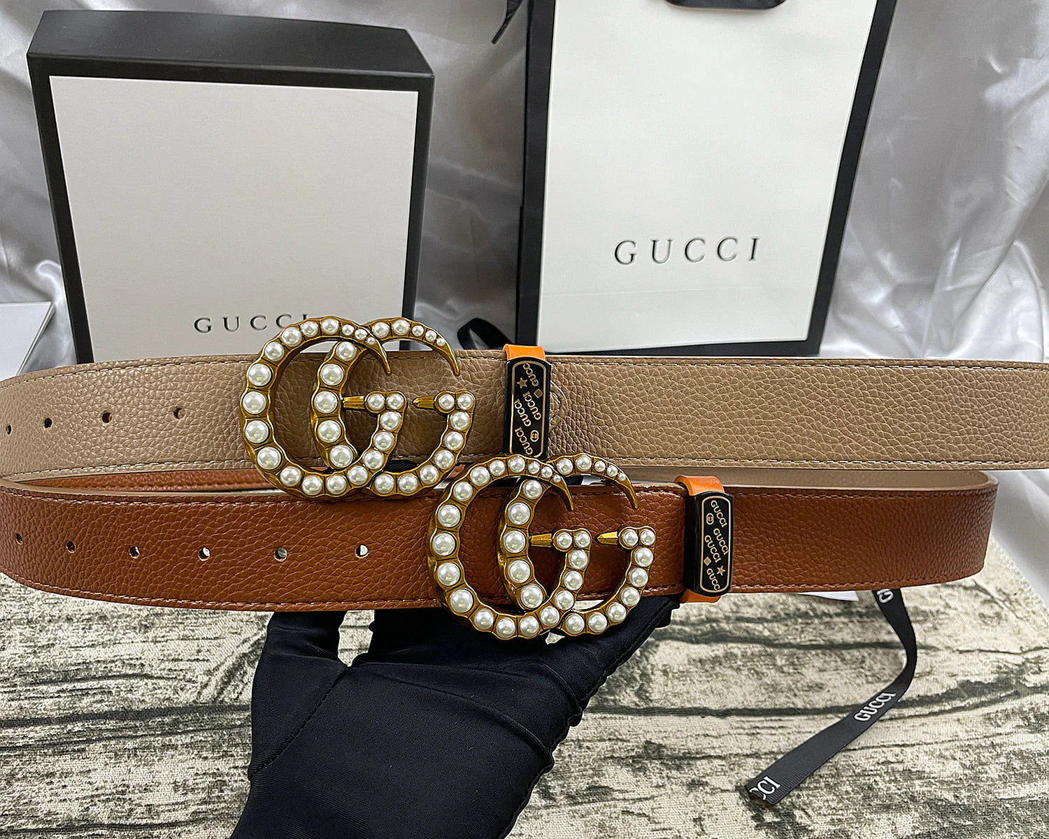 4 Colors Luxury Double G Pearl Litchi Pattern Double Sided Belt