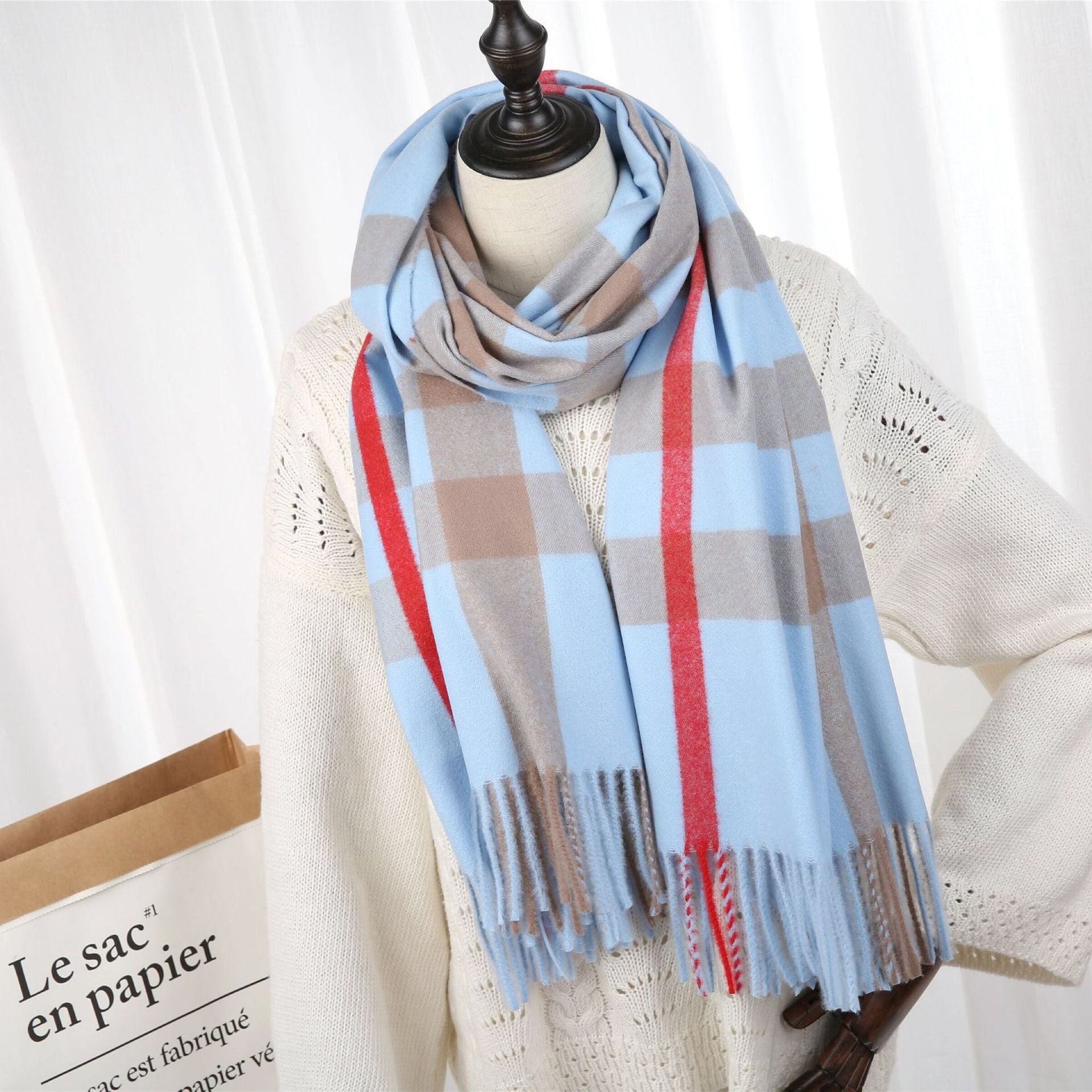 New Checked Cashmere Tassel Scarf