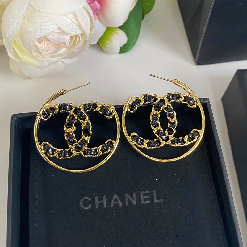 Gold Tone Black Leather Earrings