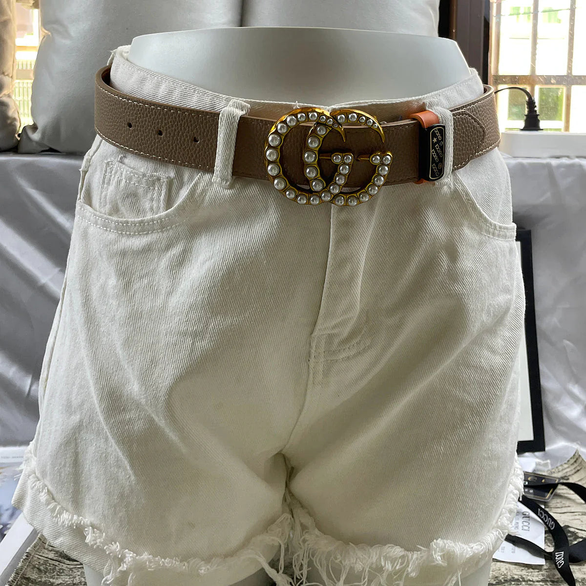 4 Colors Luxury Double G Pearl Litchi Pattern Double Sided Belt