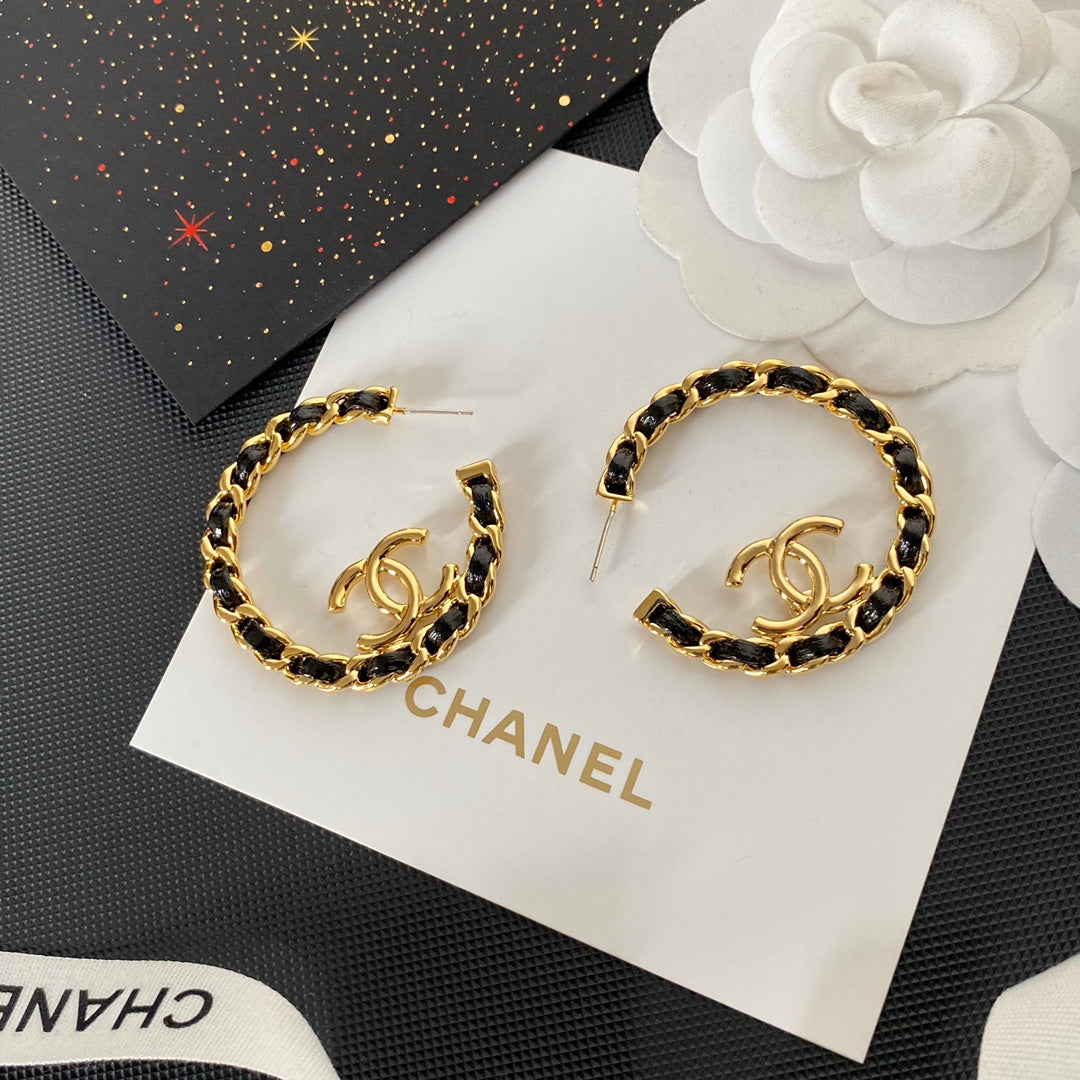 Gold Studs with Black Leather Hoop Earrings