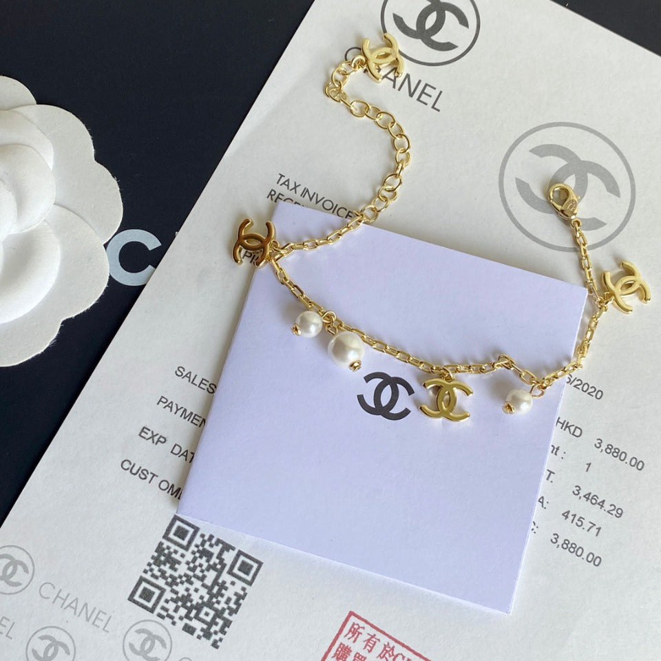 Gold Logo Pearl Charm Bracelet