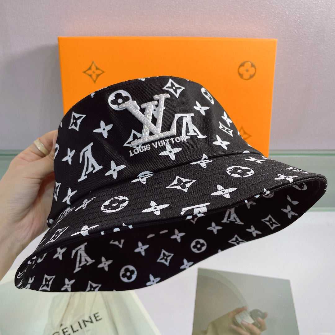 Monogram Print Embroidered Bucket Hat