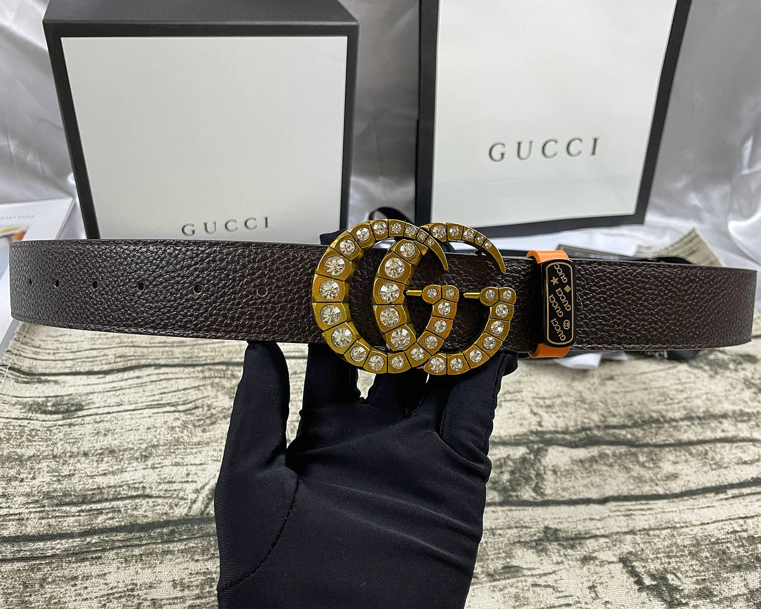 4 Colors luxury double-G rhinestone double-sided lychee pattern belt