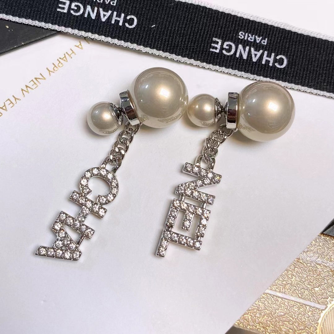 Rhinestone Letters Pendant Pearl Earrings