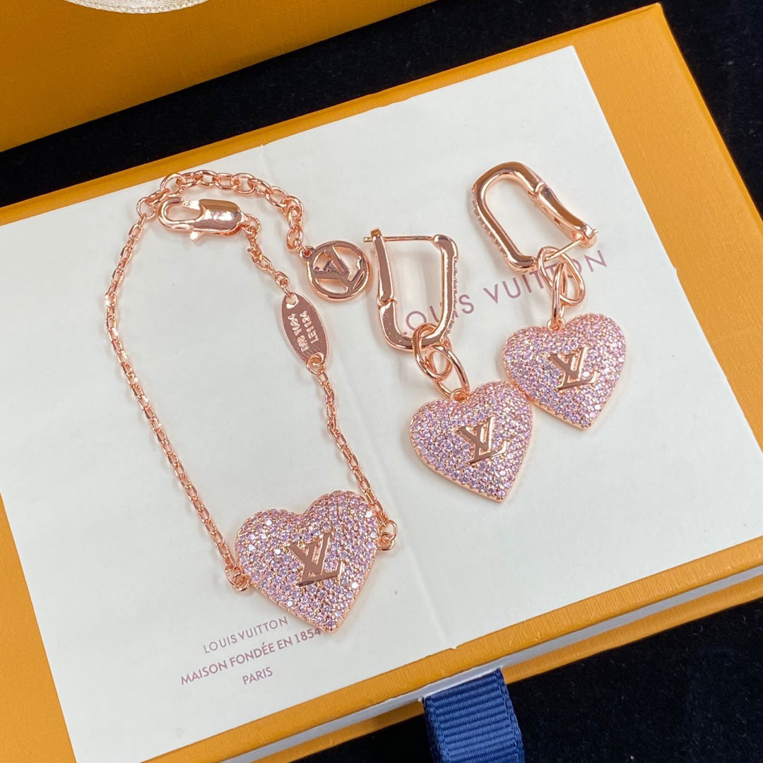 Pink Diamond Heart Earrings Necklace Set