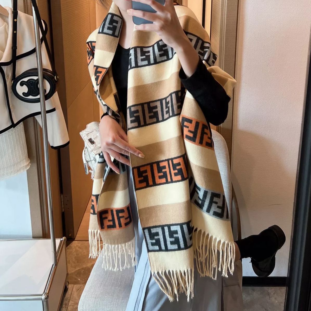 F-letter Cashmere Fringed Scarf Shawl