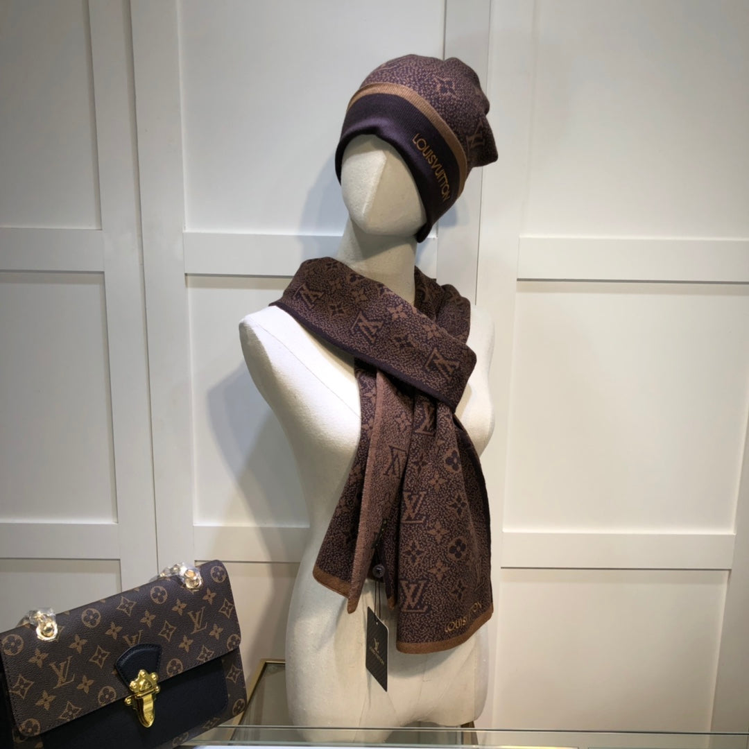 Embroidered Jacquard Monogram Scarf Hat Set