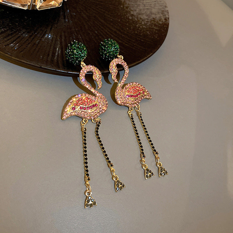 925 Silver Needle Full Diamond Flamingo Earrings