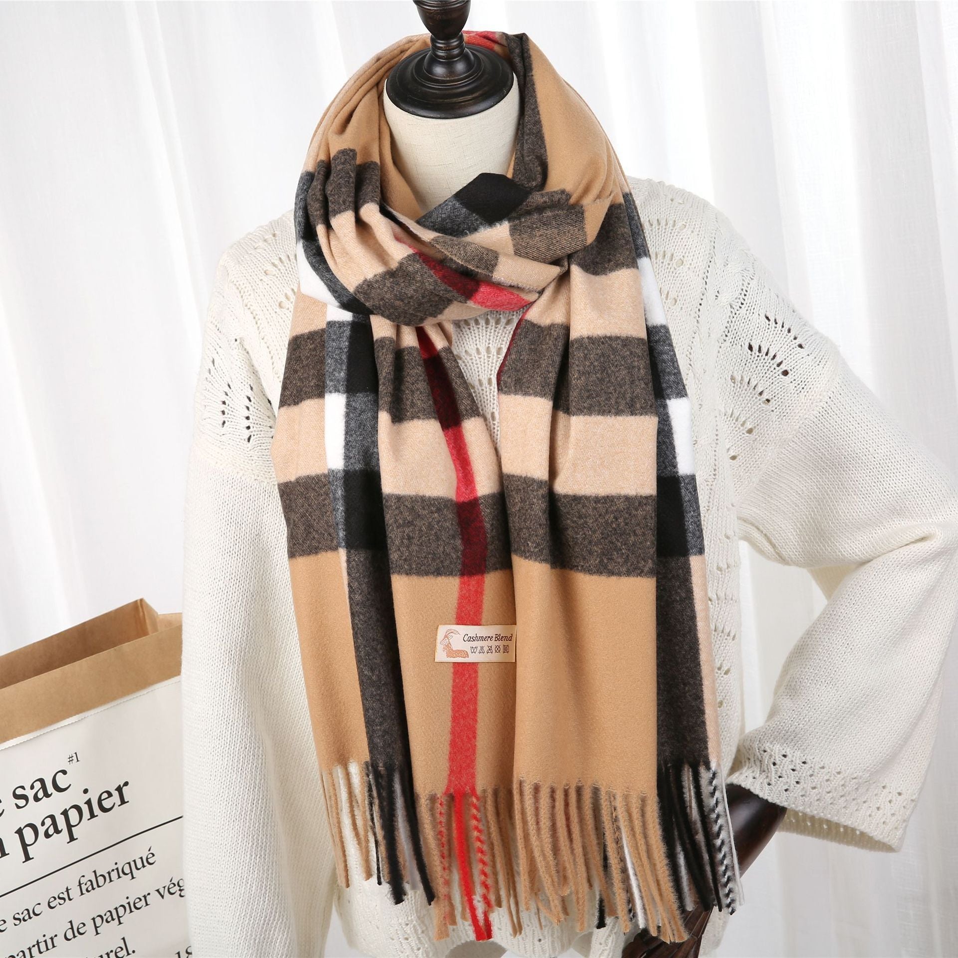 New Checked Cashmere Tassel Scarf