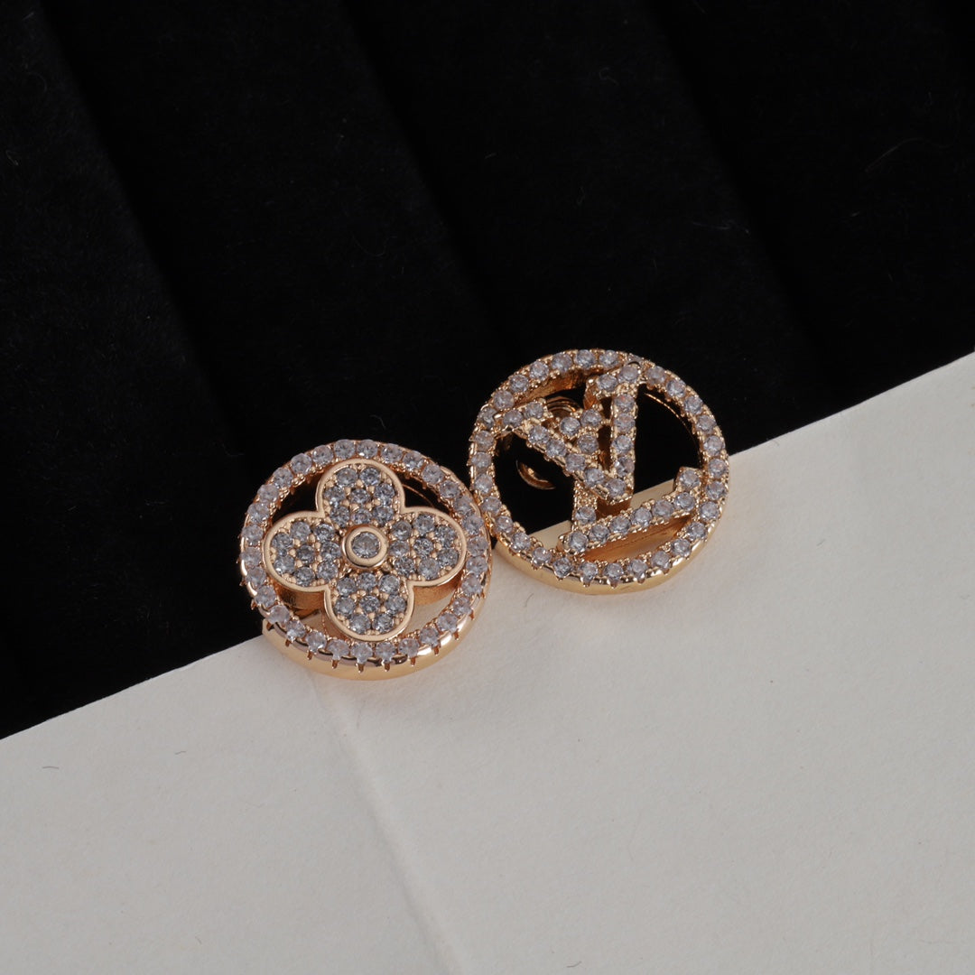 Asymmetric Rhinestone Logo Stud Earrings