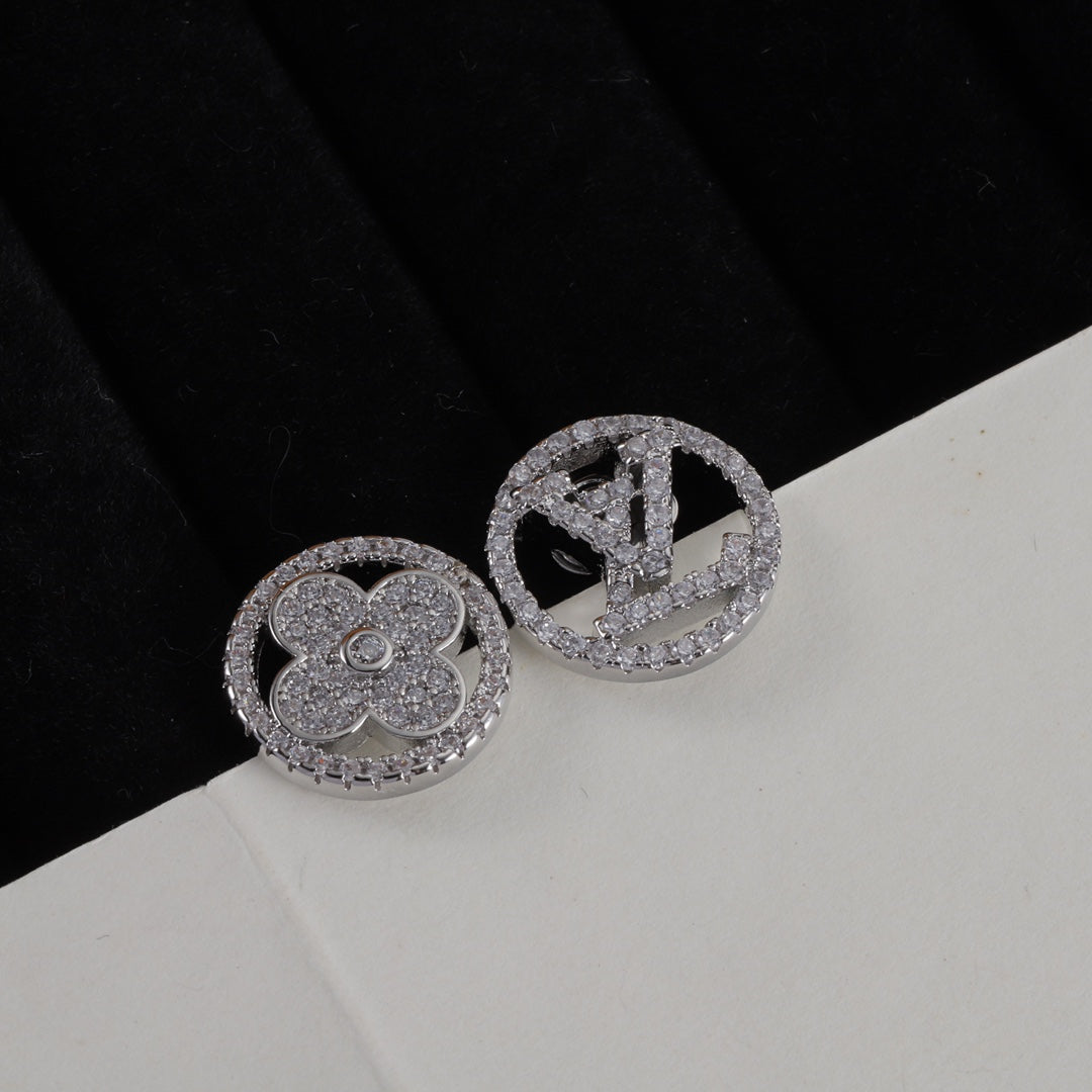 Asymmetric Rhinestone Logo Stud Earrings