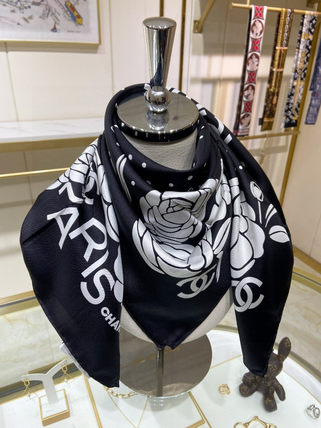 Camellia print silk square scarf